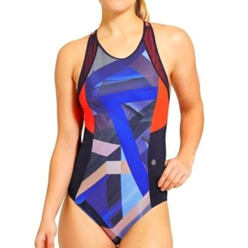 Athleta Bondi Tie One-Piece Swimsuit Racerback Geometric Print Blue Orange Sz S